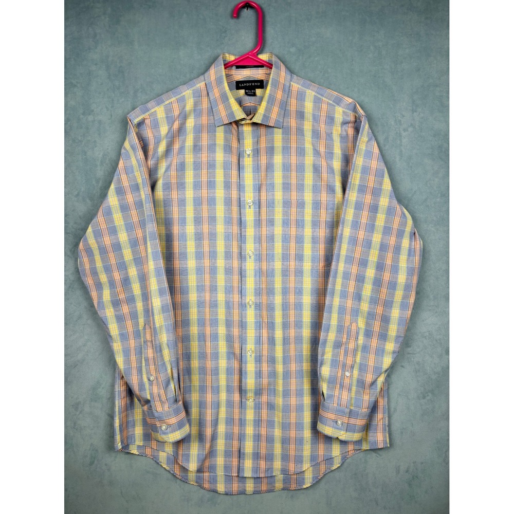 Lands End Mens No Iron Plaid Dress Shirt Blue Orange Yellow 15.5-33 413618
